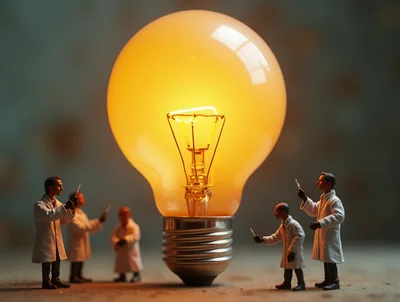 Miniature Scientists Examining A Glowing Light Bulb