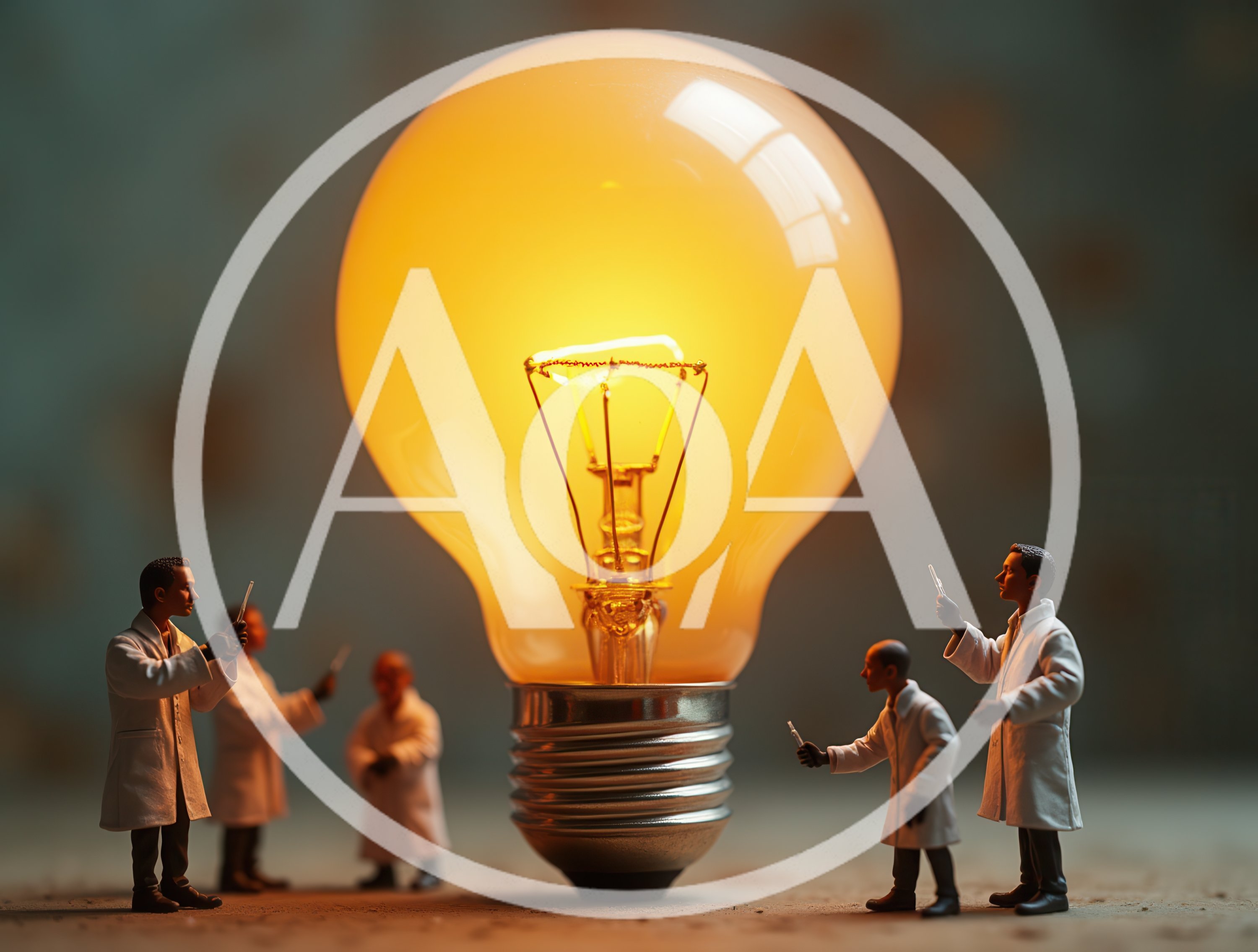 Miniature Scientists Examining A Glowing Light Bulb