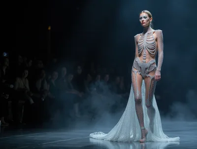 Model Wearing Skeleton Inspired Crystal Couture On Runway
