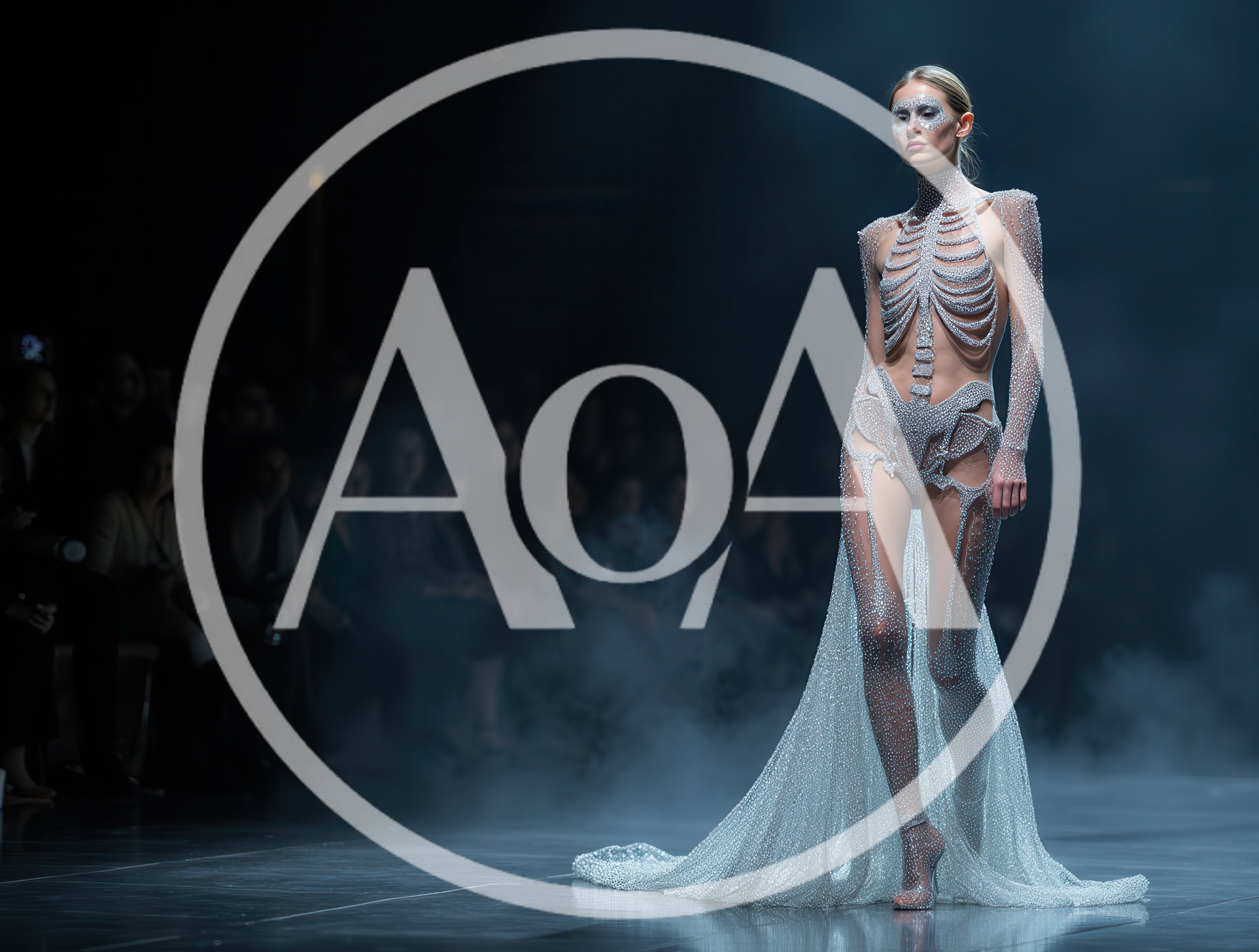 Model Wearing Skeleton Inspired Crystal Couture On Runway