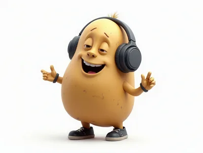 3D Cartoon Potato Character Listening To Music