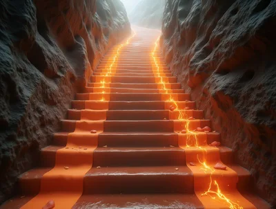Lava Flowing Down Stone Staircase In Dark Cave