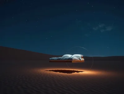 Surreal Floating Bed In A Desert At Night