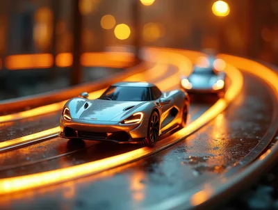 Silver Supercars Racing on Illuminated Night Track
