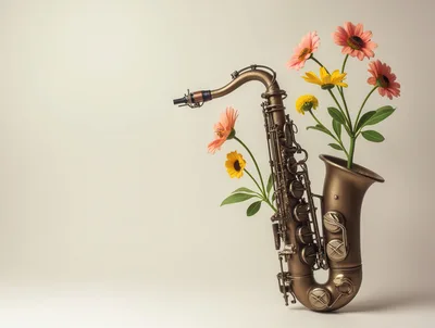 Vintage Saxophone Decorated With Colorful Spring Flowers