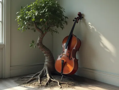 Cello Leaning Against A Bonsai Tree Indoors