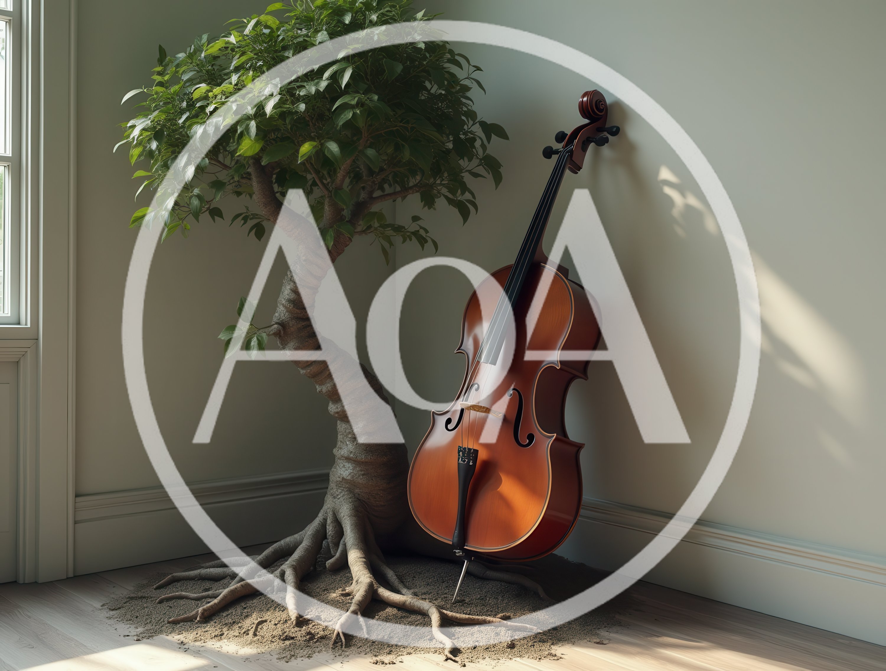 Cello Leaning Against A Bonsai Tree Indoors