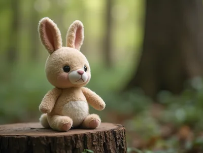 Plush Rabbit Toy Sitting On A Tree Stump