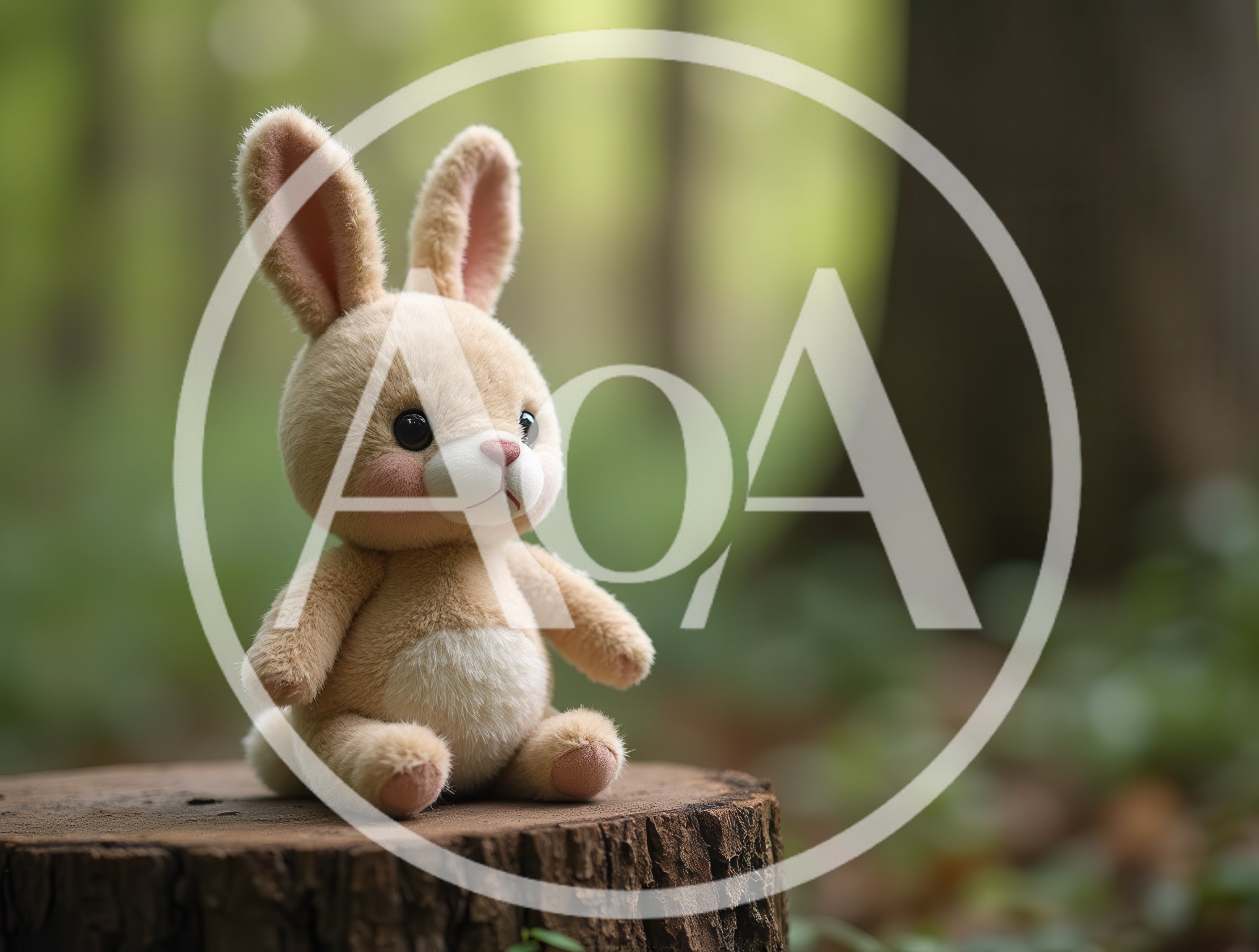 Plush Rabbit Toy Sitting On A Tree Stump