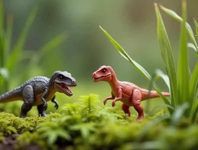 Two Toy Dinosaurs Facing Each Other In Mossy Forest