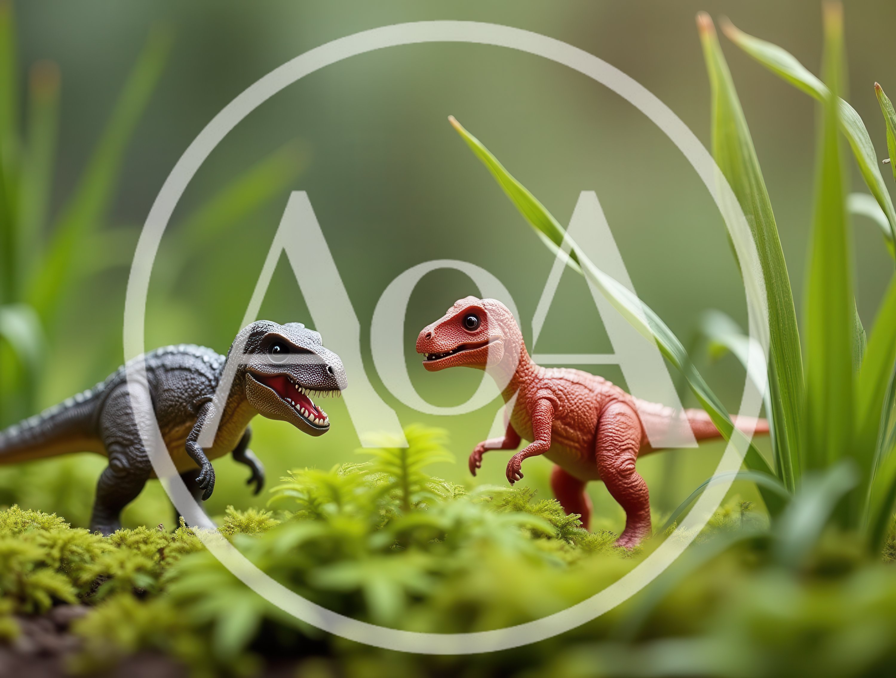 Two Toy Dinosaurs Facing Each Other In Mossy Forest