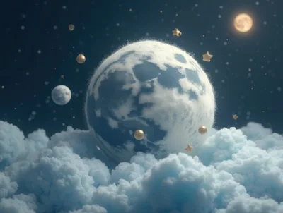 Surreal Fuzzy Moon Floating Above Soft Blue Clouds