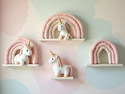 Plush Unicorn Toys On Wall Shelves