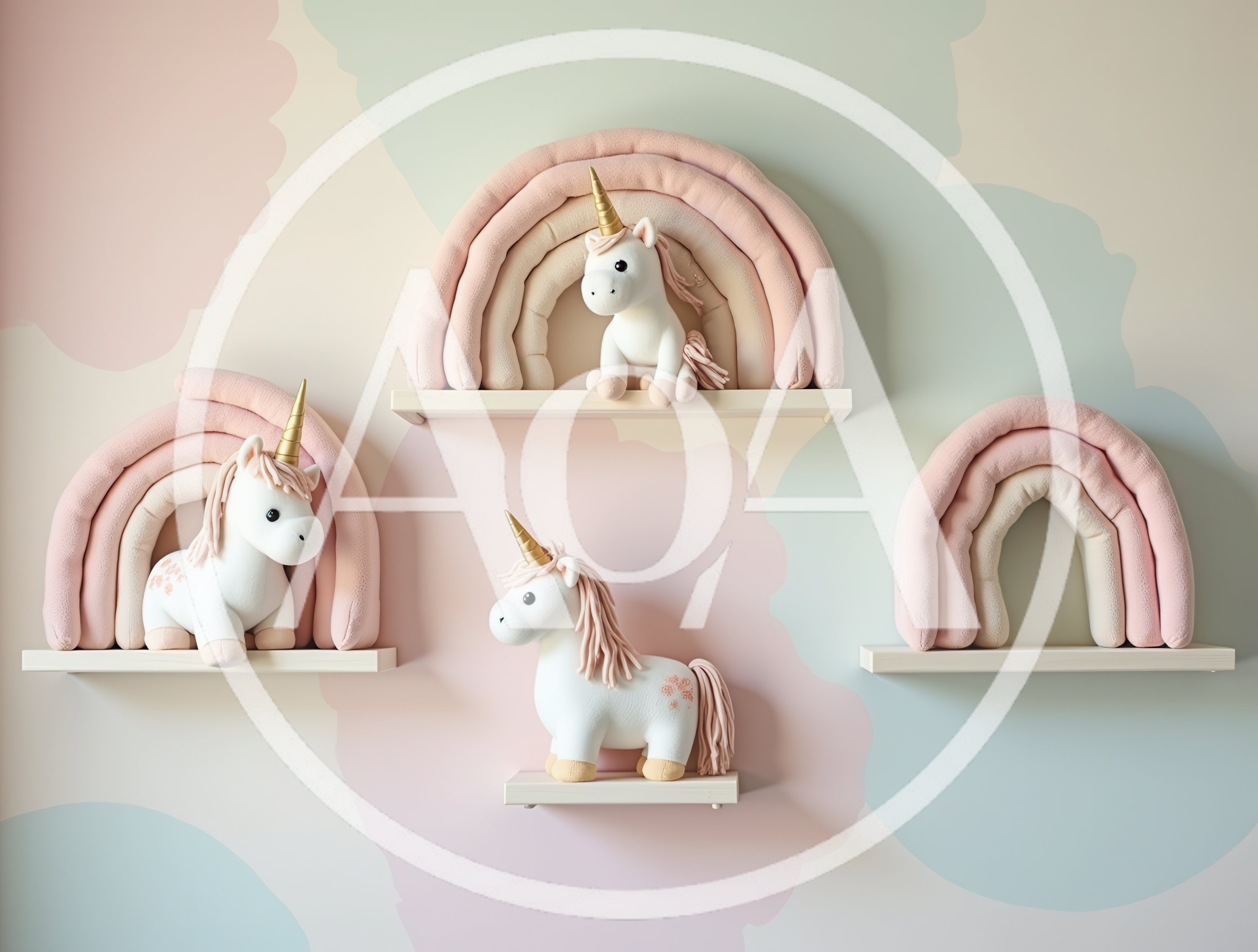 Plush Unicorn Toys On Wall Shelves