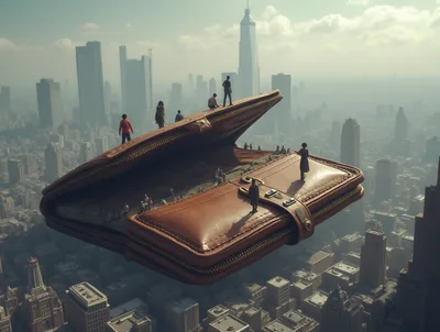 Surreal Floating Leather Wallet Over A Cityscape