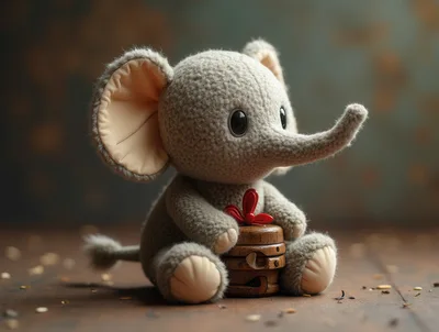 Cute Plush Elephant Toy Sitting On Wooden Blocks