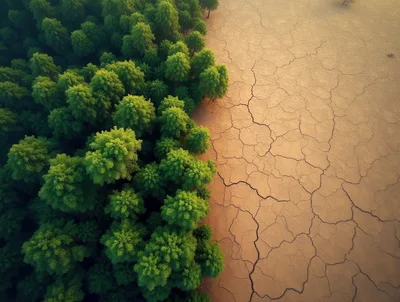 Aerial View Of Forest Edge Meeting Cracked Dry Earth
