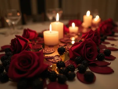 Romantic Table Centerpiece With Red Roses And Candles