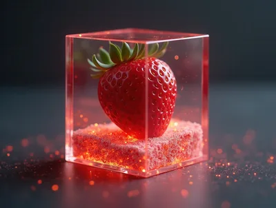 Fresh Strawberry Encased Inside A Glowing Glass Cube
