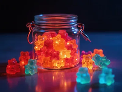Glowing Gummy Bears in a Glass Jar