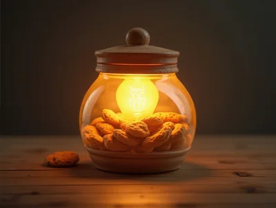 Glowing Light Bulb Inside A Glass Cookie Jar