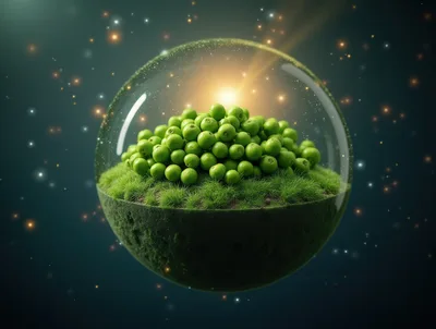 Green Peas Inside A Floating Glass Sphere