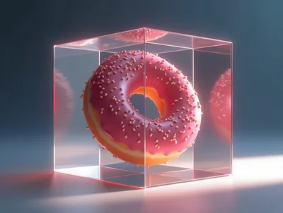 Pink Frosted Donut Inside A Transparent Glass Cube