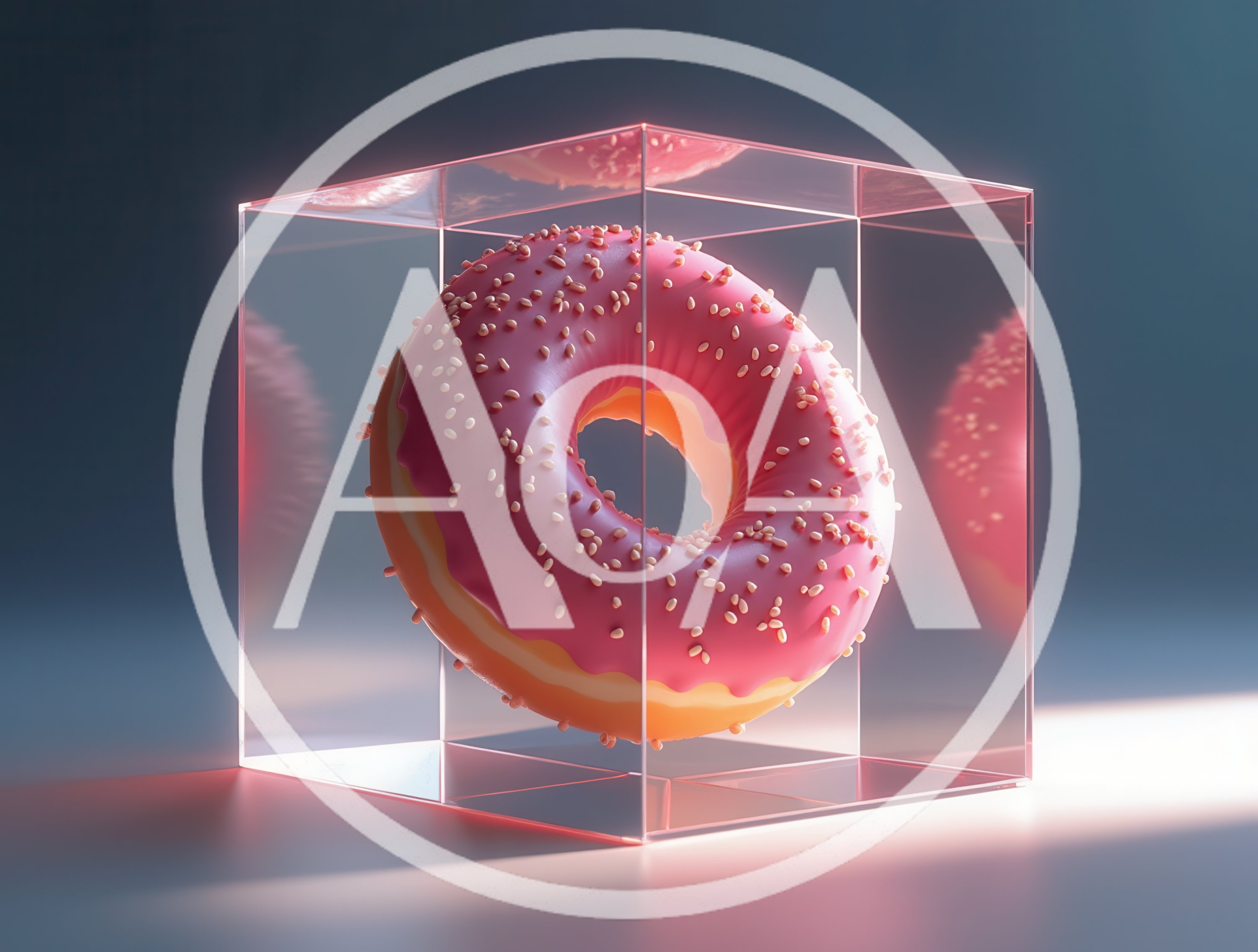Pink Frosted Donut Inside A Transparent Glass Cube