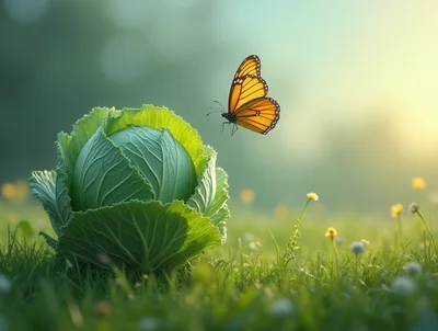 Monarch Butterfly Hovering Near A Fresh Green Cabbage
