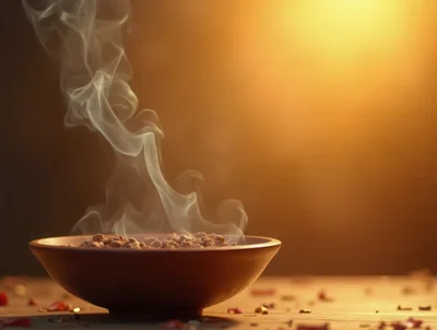 Steaming Bowl Of Hot Food On Wooden Table