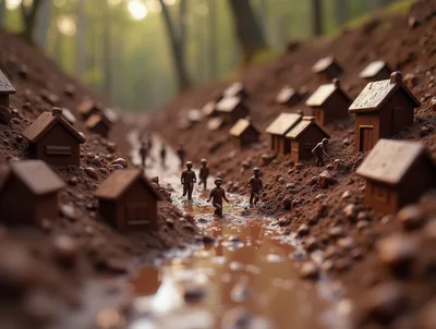 Miniature Chocolate Village With Figures In Muddy Stream