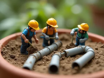 Miniature Toy Construction Workers Digging In Soil