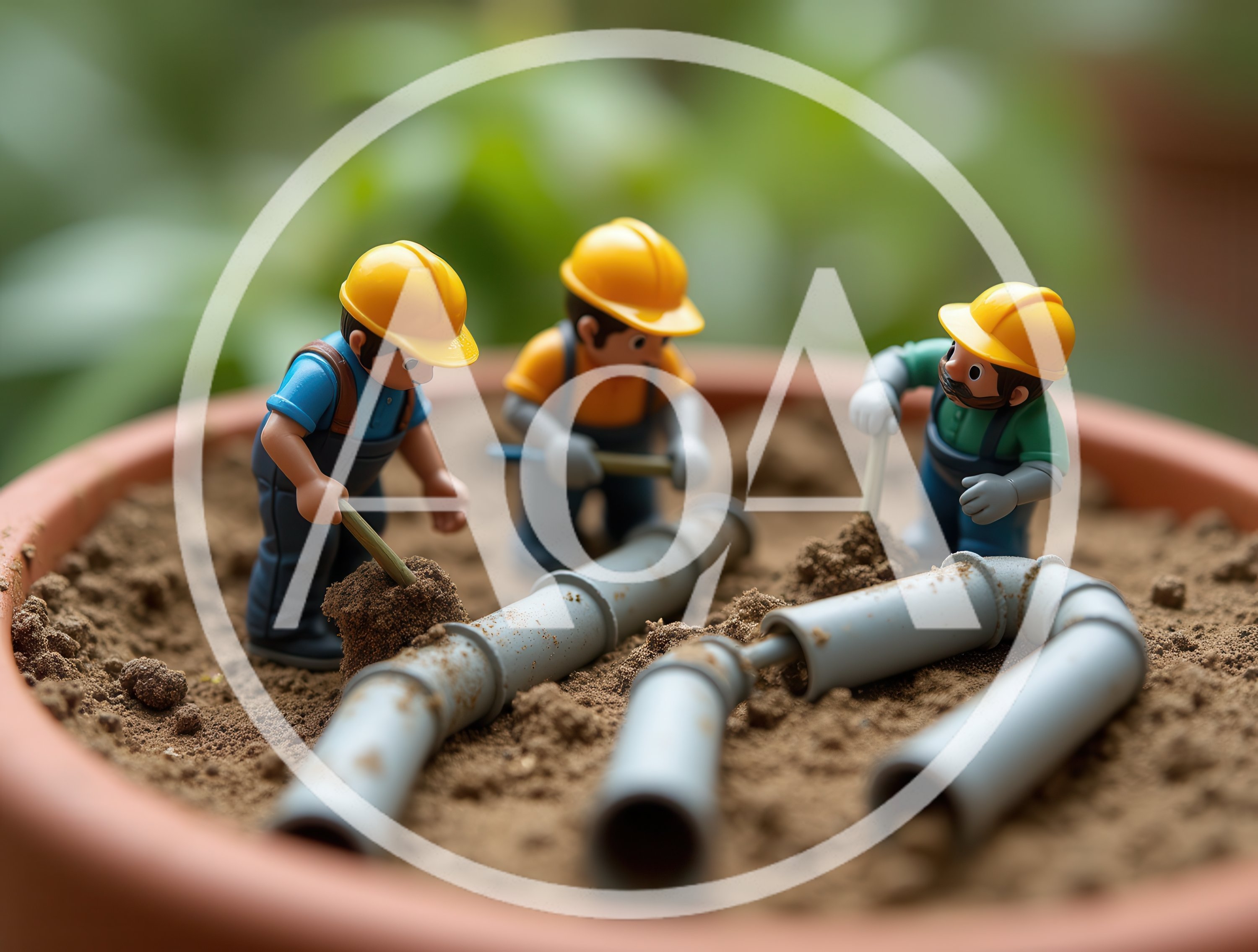 Miniature Toy Construction Workers Digging In Soil