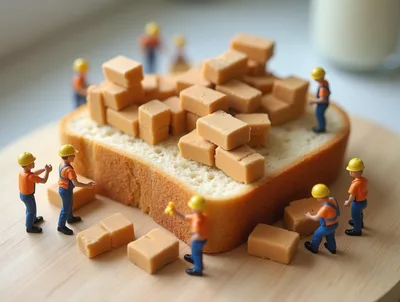 Miniature Construction Workers Building With Caramel Blocks On Bread