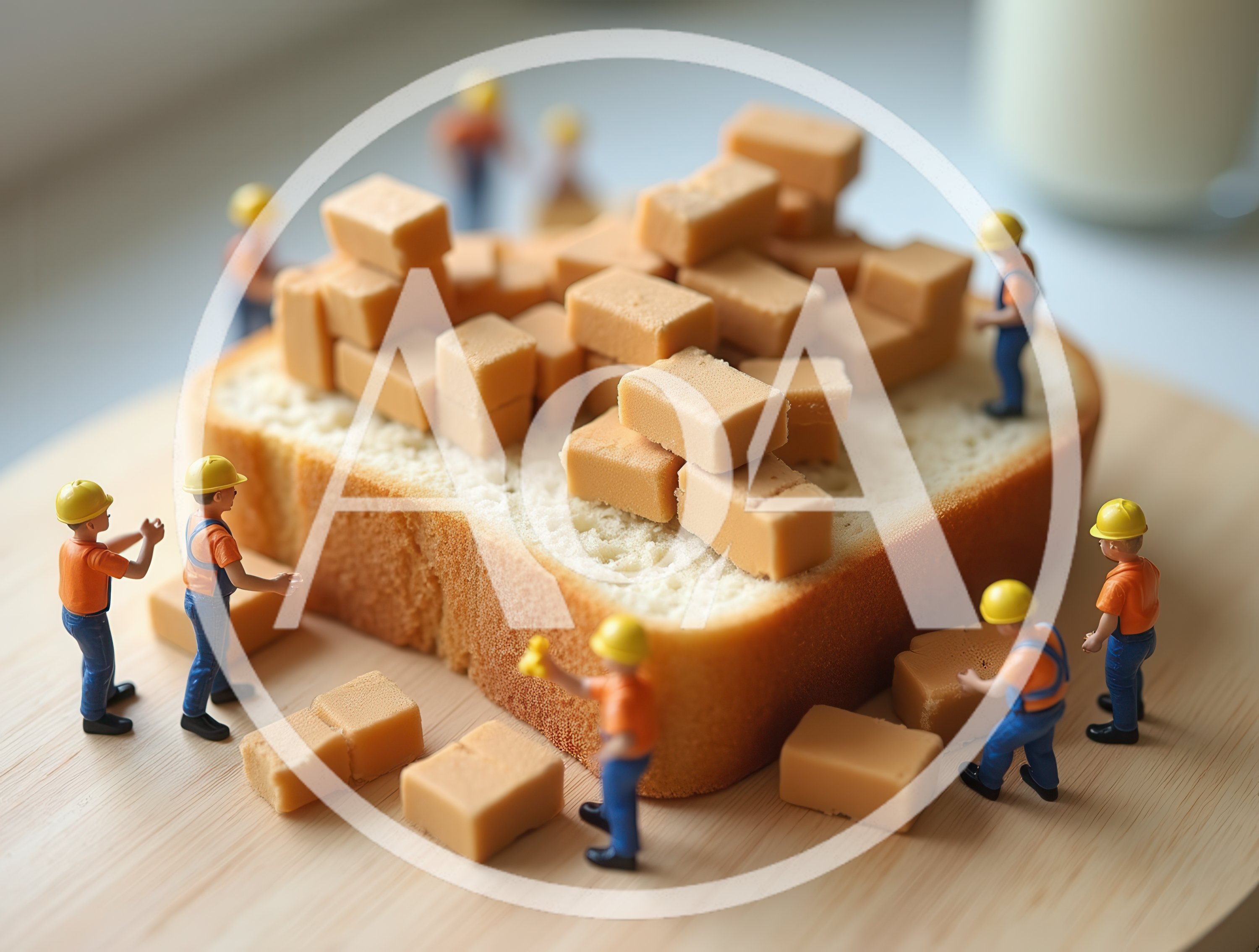 Miniature Construction Workers Building With Caramel Blocks On Bread
