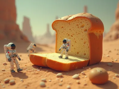 Astronauts Exploring A Giant Slice Of Bread On Mars