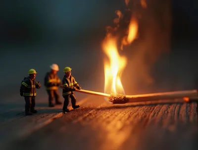 Miniature Firefighters Extinguishing A Burning Matchstick