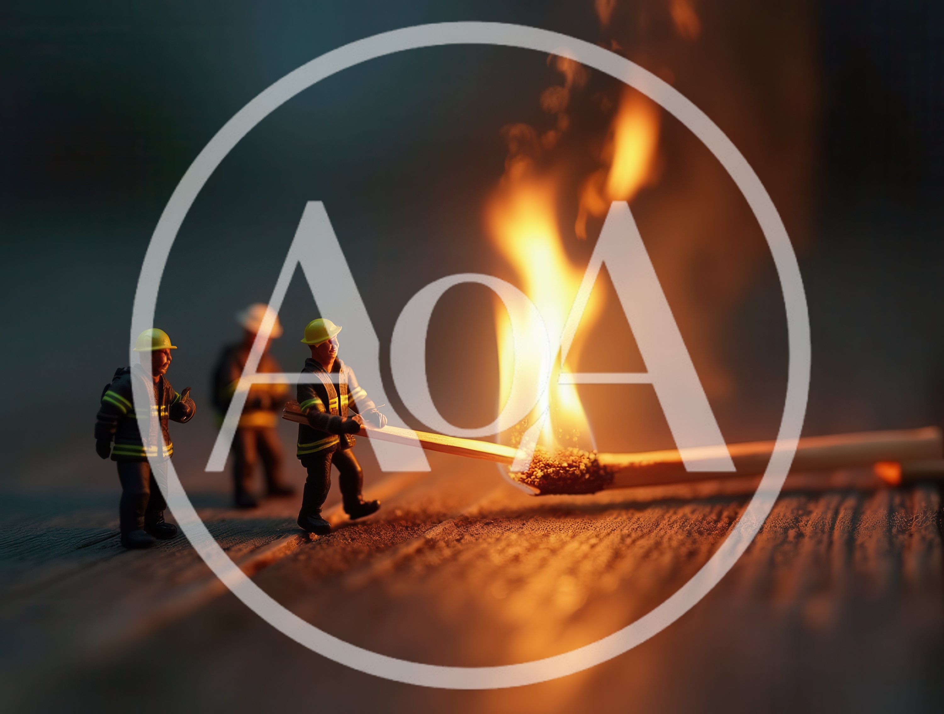 Miniature Firefighters Extinguishing A Burning Matchstick