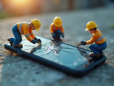 Miniature Construction Workers Repairing Cracked Smartphone Screen