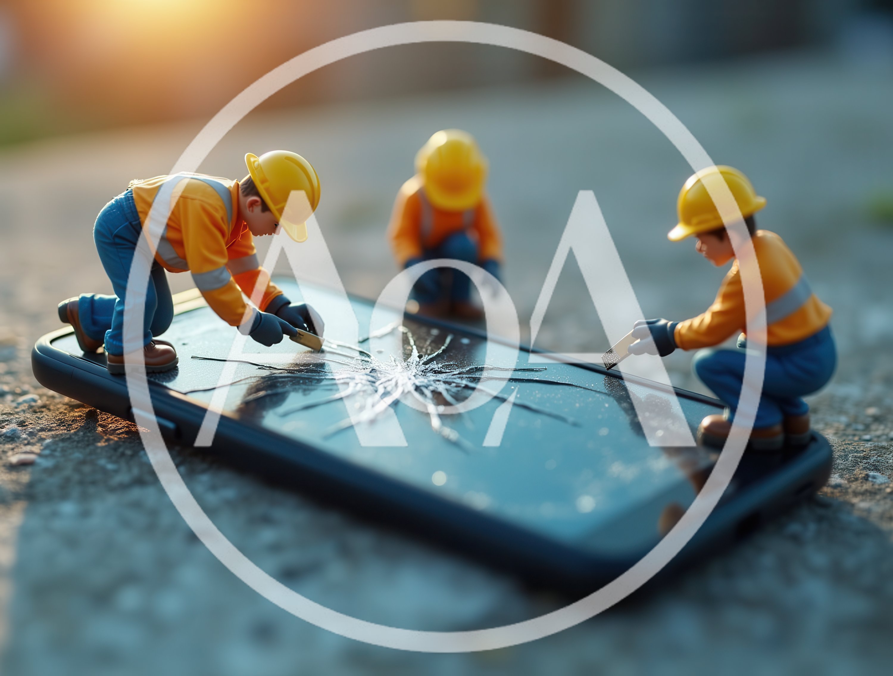 Miniature Construction Workers Repairing Cracked Smartphone Screen
