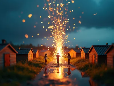 Children Playing With Sparklers In A Village At Night