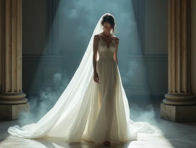 Elegant Bride Standing Between Classical Pillars In Fog