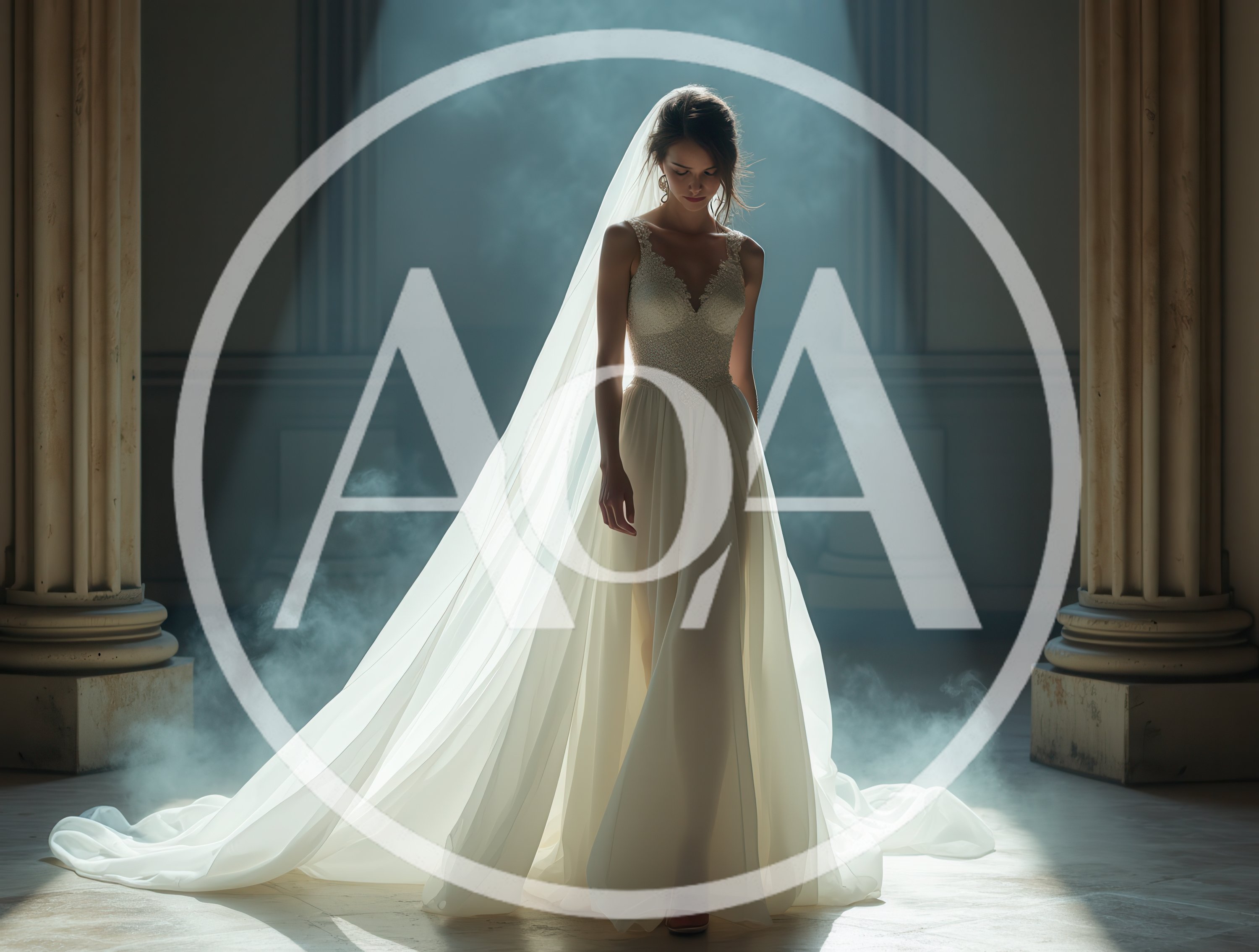 Elegant Bride Standing Between Classical Pillars In Fog