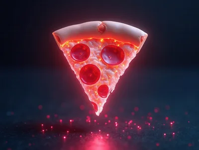 Glowing Neon Pepperoni Pizza Slice Floating In Darkness