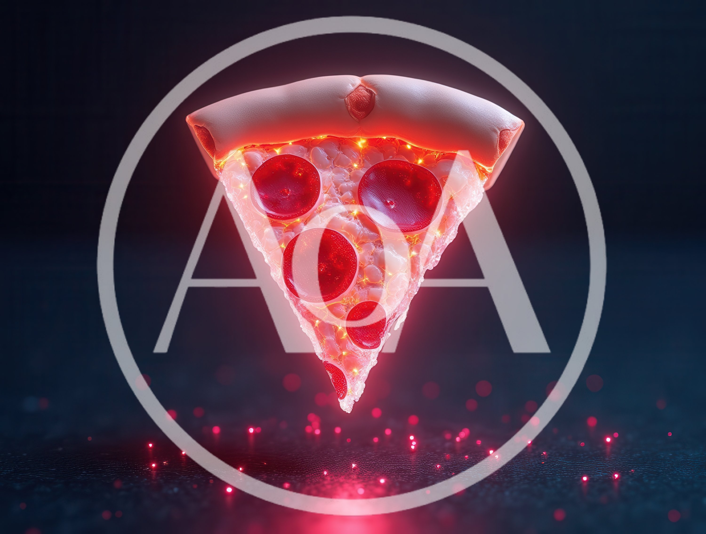Glowing Neon Pepperoni Pizza Slice Floating In Darkness