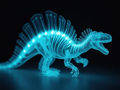 Glowing Blue Holographic Dinosaur Skeleton
