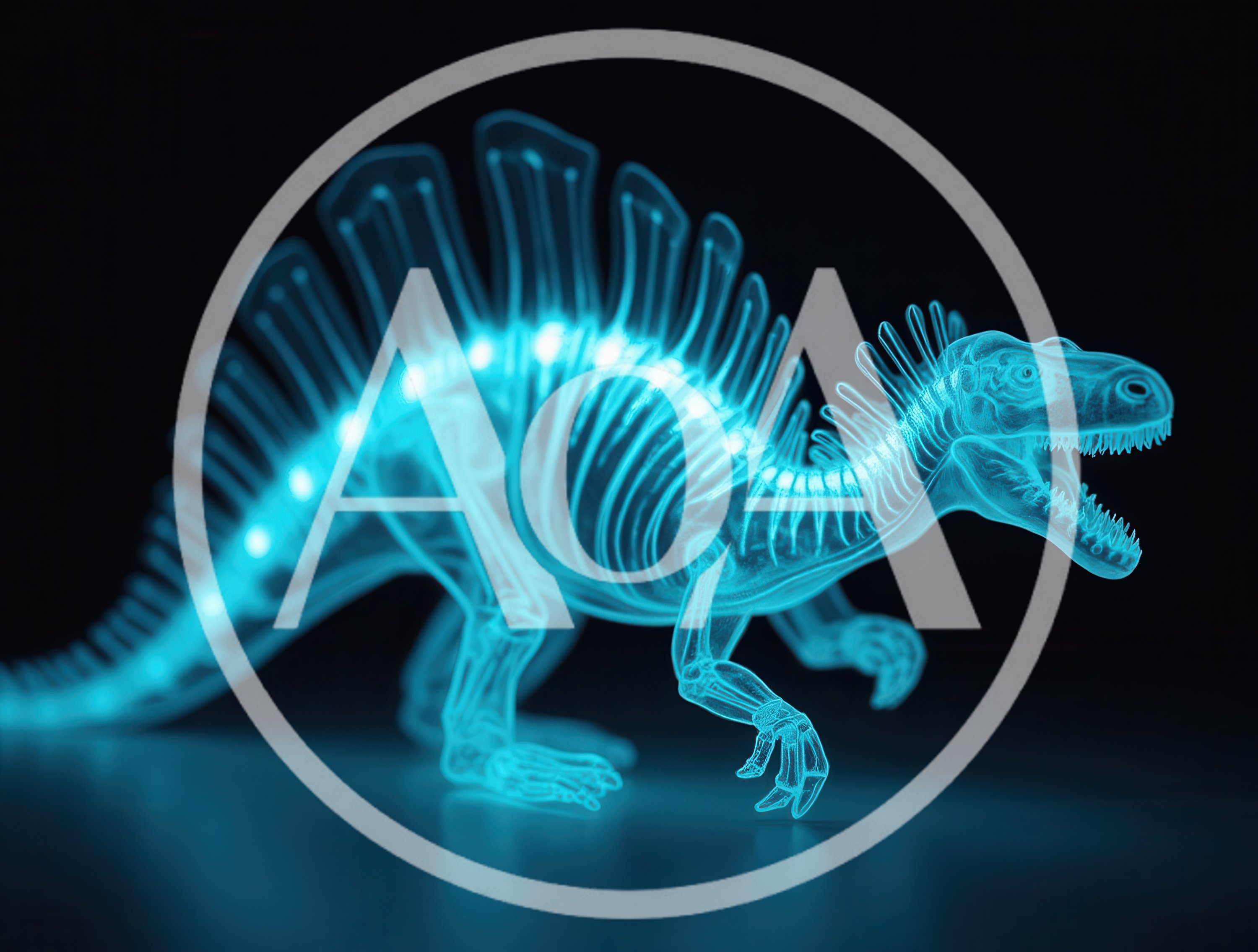 Glowing Blue Holographic Dinosaur Skeleton