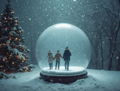 Three Children Inside A Magical Christmas Snow Globe