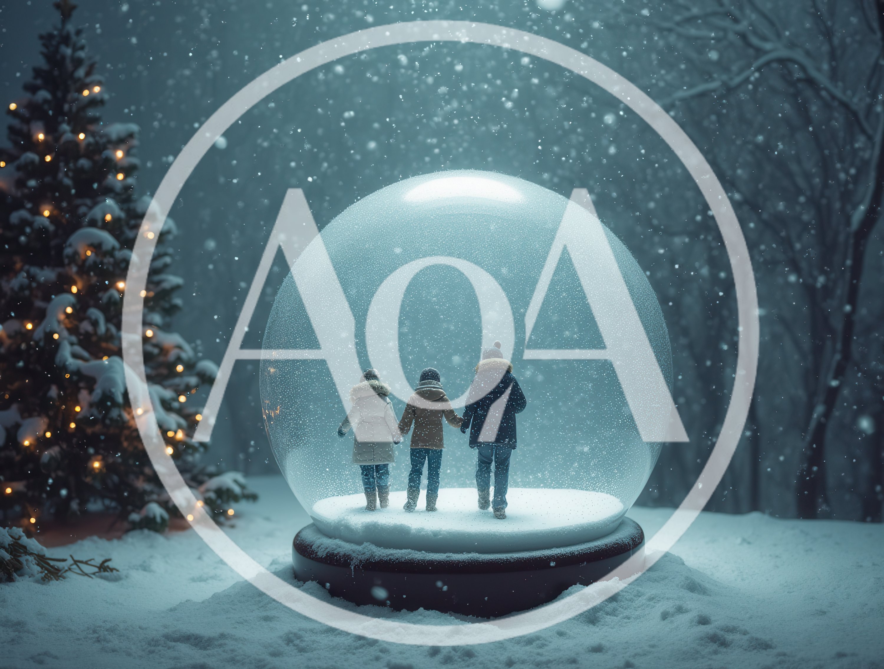 Three Children Inside A Magical Christmas Snow Globe