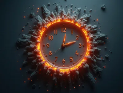 Glowing Clock Face Surrounded By Volcanic Rock Fragments